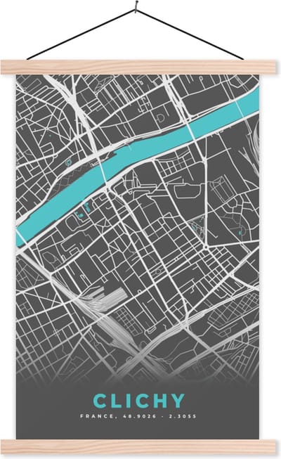 Posterhanger incl. Poster 40x60 cm - Schoolplaat - Kaart - Stadskaart - Plattegrond - Frankrijk - Clichy - Textielposter - Blanke latten - Stadskaart