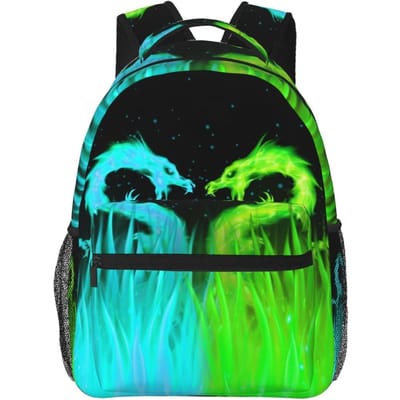 Essentiële Blauw Groene Vuurdraak Rugzak voor Nieuw Schooljaar Neon Vlam & Bliksem Ontwerp Stijlvolle Buitentas voor Avontuur