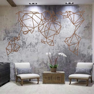 Metalen Wereldkaart - Wanddecoratie Huis - Muren Versieren - Geometrisch Design - 76x43cm - Brons