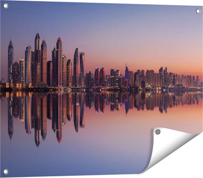Gards Tuinposter Skyline Dubai Stad bij Zonsondergang - 80x60 cm - Tuindoek - Tuindecoratie - Wanddecoratie buiten - Tuinschilderij