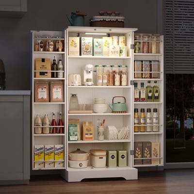 Pugsdrly 60 × 35 × 128 cm, wit, multifunctionele keukenkast met LED-verlichting met sensor, in hoogte verstelbare planken, dubbele deur met opbergvak, kantelbeveiliging, geschikt voor keuken, woonkamer en eetkamer.