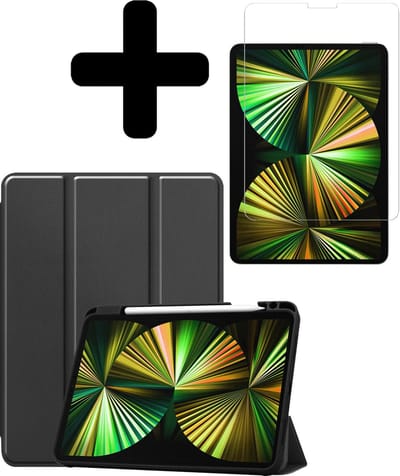 Hoesje - Geschikt voor Apple iPad Pro (2021) - 12.9 inch - Met Screenprotector - Trifold Bookcase Hoes - Hard Cover Case - Met Uitsparing Geschikt voor Apple Pencil - Hardcover Book - Tablethoes - Zwart