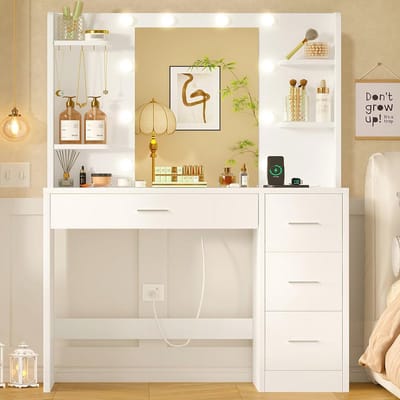 TEENFON Dressing table with mirror and LED lighting, 3 colours with adjustable brightness, socket, dressing table with 5 jewellery hooks, 4 drawers and 4 open compartments, white
