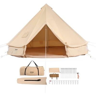 VEVOR bell tent 5 x 3 m yurt tent TC katoen met zeer sterke ijzeren staven en een PVC grondzeil kampeertent 8 personen familietent piramidetent met 8 ramen groepstent voor buitenavonturen