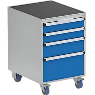 Treston 53/66-10 ladeblok, 4 afsluitbare laden, verrijdbaar, tot 300 kg, B 530 x D 640 x H 795 mm, staal, lichtgrijs RAL 7035/briljantblauw RAL 5007