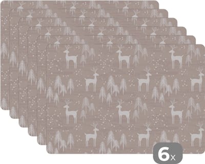 Placemat - Placemats kunststof - Patronen - Hert - Wit - Beige - 45x30 cm - 6 stuks - Hittebestendig - Anti-Slip - Onderlegger - Afneembaar