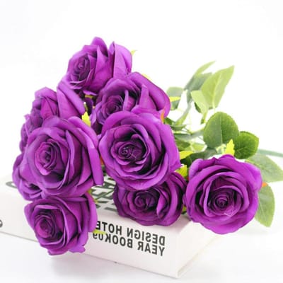Zijde Boeket - Kunstbloemen Decoratie - Bruiloft Decoratie - Handgemaakt Ontwerp - 46cm Lengte - Donker Paars