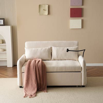KOMHTOM 2-zitsbank Hocker slaapbank Modern Verstelbare rugleuning Houder voor mobiele telefoon USB-laadpoort Beige
