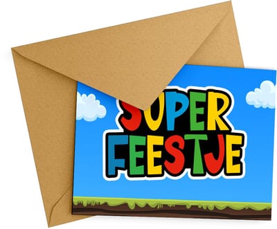 Uitnodiging kinderfeestje Super Feestje + Enveloppen - 10 stuks - Beschrijfbaar - Uitnodigingskaarten - Uitnodiging verjaardag - uitnodiging verjaardag feest - Uitnodiging kinderfeestje Jongen of Meisje - Uitnodiging feestje - uitnodigingen