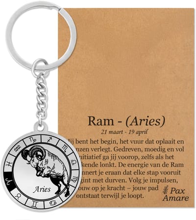 Sterrenbeeld Ram (Aries) Sleutelhanger op Cadeau Kaartje – Spiritueel Cadeau van Roestvrij Staal – Zilverkleurig – Pax Amare