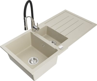Mexen Andres granieten spoelbak 1,5-komor met afdruiprek en keukenkraan Aster, beige - 6515-69-73450-07