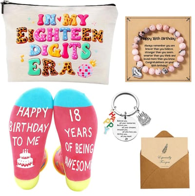 Dailygoods- Verjaardagscadeau voor 18-jarige meisjes - Cadeauset met make-uptas - Verjaardagssokken - Armband - Sleutelhanger - Handgeschreven enveloppen