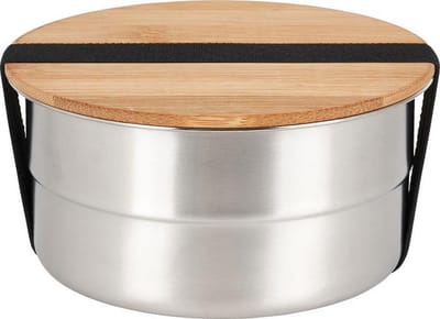 Gepersonaliseerde ronde Lunchbox / saladebak van RVS & bamboe -Broodtrommel met eigen naam of tekst