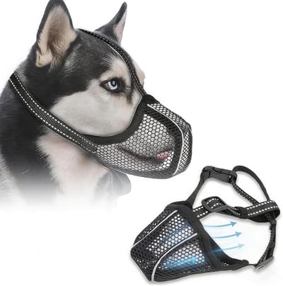 Dog Muzzle Breathable Adjustable Anti Food Reflective Light Food Protection for Small Medium Large Dogs Mesh Teething - ShopVlot