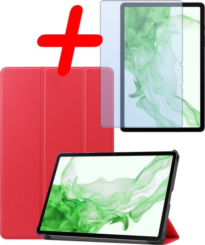 Hoesje Geschikt voor Samsung Galaxy Tab S9 - Met Screenprotector - Trifold Bookcase - Hard Cover Case - Met Uitsparing Geschikt voor S Pen - Hardcover Book - Tablet Hoes - Rood
