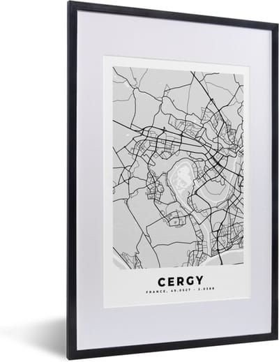 Fotolijst incl. Poster - Frankrijk - Plattegrond - Kaart - Cergy - Stadskaart - 40x60 cm - Posterlijst