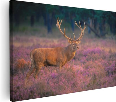 Artaza Canvas Schilderij Edelhert - 30x20 cm - Klein - Muurdecoratie Heide - Wanddecoratie Gewei - Kamer Accessoires