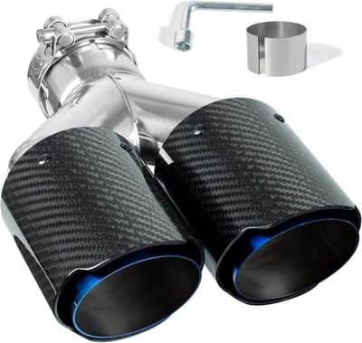 Universele 63 mm Roestvrij Stalen en Koolstofvezel Uitlaatpijp met Bevestigingsbouten voor Sportauto's, Dubbele Uitlaat, Blauw Zwart Glanzend
