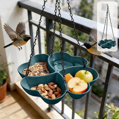 Vogelvoederhuisje - Vogelvoerbak Hangend - Vogelbadje en Voederbak - Blauwgroen Klavervormig Ontwerp - Voor Buiten Tuin en Balkon