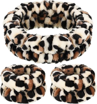 Set van 3 Zachte Spa Hoofdbanden en Polsbanden voor Make-up en Verzorging - Elastische en Fluffy Hoofdbanden voor Vrouwen en Meisjes (Wit, Zwart)