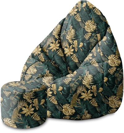 DreamRoots Velvet Zitzak voor Volwassenen – Luxe Beanbag met Voetsteun en Afneembare Hoes – Inclusief Vulling – 80x80x120 cm - Monstera Gold Green