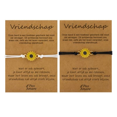 Vriendschapsarmbandjes voor 2 "Vriendschap" - Zonnebloem - BFF Armbandjes met Persoonlijk Cadeau Kaartje - Wit & Zwart met Bloem Hanger - Op Twee Kaartjes- Pax Amare