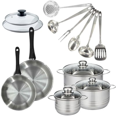 Set van 2 pannen 20, 24 cm roestvrij staal, glazen deksels, 3 roestvrijstalen kookpotten 16, 20 en 24 cm en 6 roestvrijstalen Oxford keukengerei Fackelmann Geneva