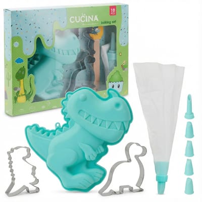 Dailygoods- Kinderbakset 10-delig - Siliconen Bakvorm/Dinosaurus/Eenhoorn - Uitsteekvormpjes - Deegschraper - Spuitzak/Spuitmonden - Creatieve Bakervaring - Bakgerei