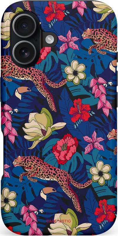 Casetastic hoesje geschikt voor Apple iPhone 17 - MagSafe - Dubbellaagse bescherming - Jungle parade - Fashion Case - Donkerblauw Bordeaux Taupe Donkergrijs