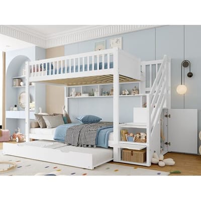 ModernLuxe Kinder stapelbed 90x200 cm - met opbergbed - met planken + kast - met opbergvakken - wit