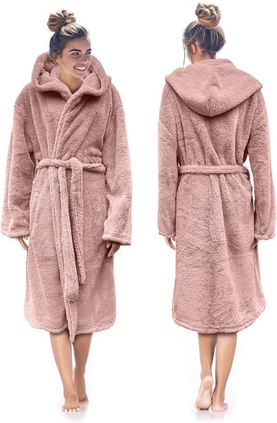 LINNICK Teddy Fleece Badjas met Capuchon inclusief Teddy Tas - Light Pink - S - Badjas Dames - Badjas Heren