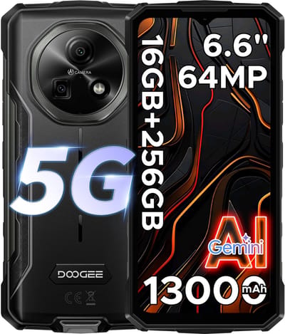 DOOGEE Fire 7 5G - Smartphone - Robuuste Smartphone - 16GB RAM + 256GB ROM/2TB TF - Android 15 - 13000mAh/18W - 6,6 inch HD+ 90Hz Scherm - IP68 Waterdicht - Dimensity 6300 - 64MP AI Camera - Gemini AI - Face ID - NFC - OTG - 3 Card Slots - Zwart