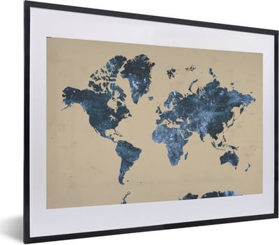 Poster in lijst - Fotolijst 60x40 cm - Posters - Wereldkaart - Blauw - Vintage - Posterlijst zwart - Decoratie - Wanddecoratie woonkamer - Muurdecoratie slaapkamer