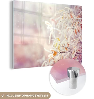 MuchoWow® Glasschilderij 40x30 cm - Schilderij acrylglas - Winter - Takken - Sneeuw - Natuur - Foto op glas - Schilderijen
