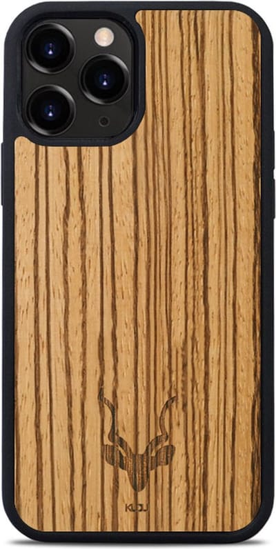 Kudu iPhone 12 Pro hoesje case - Houten backcover - Handgemaakt en afgewerkt met duurzaam TPU - Zebrano - Zwart
