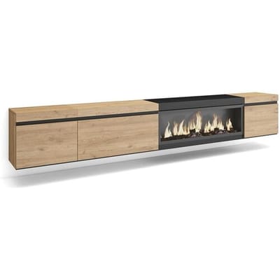 Skraut Home TV-Meubel, Lowboard, 288x35x45cm, Groot formaat TV, Elektrische haard XXL, Hangend, Eiken/Zwart