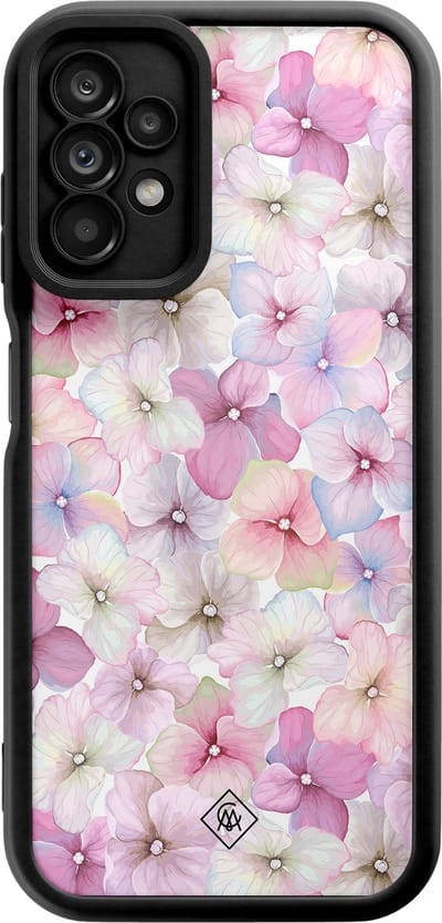 Casimoda® hoesje - Geschikt voor Samsung Galaxy A23 - Hortensia - Zwart TPU Backcover - Planten - Roze