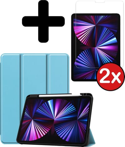 Hoesje - Geschikt voor Apple iPad Pro (2021) - 11 inch - 3e generatie - Met Screenprotector - Trifold Bookcase Hoes - Hard Cover Case - Met Uitsparing Geschikt voor Apple Pencil - Hardcover Book - Tablethoes - Lichtblauw