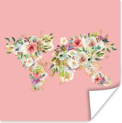 Poster 75x75 cm - Wereldkaart - Bloemen - Pastel - Posters - Kamer decoratie - Wanddecoratie woonkamer - Muurdecoratie slaapkamer