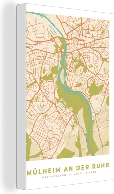 Canvas Schilderij Vintage - Mülheim an der Ruhr - Kaart - Plattegrond - Stadskaart - 20x30 cm - Wanddecoratie
