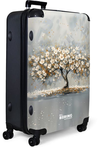 NoBoringSuitcases.com® - Koffer groot - Reiskoffer lichtgewicht - Bloesemboom met witte bloemen op grijze achtergrond - Rolkoffer met 4 wielen - Grote trolley XL - 98 liter bagage