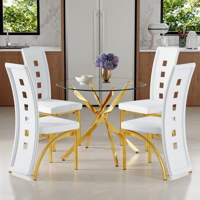OKWISH Eethoek Set 88 Cm - Ronde Eettafel Met 4 Eetkamerstoelen - Voor Kleine Eetruimte - Glas Metaal Pu-Leer - Transparant Wit Goud