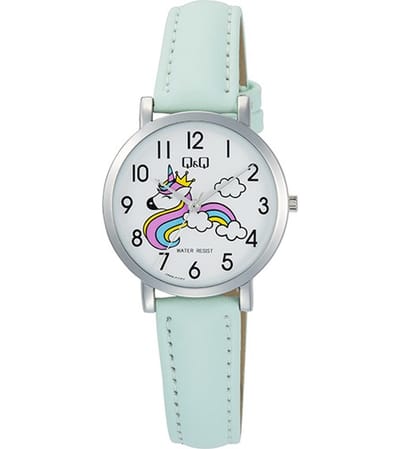Q&Q Q58A-011PY - Horloge - Polshorloge - Analoog - Vrouwen - Dames - Leren band - Rond - Metaal - Cijfers - Eenhoorn - LichtGroen - Zilverkleurig