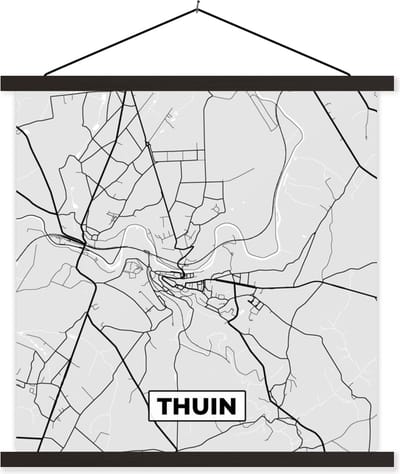 Posterhanger incl. Poster 60x60 cm - Schoolplaat - Stadskaart – Plattegrond – België – Zwart Wit – Thuin – Kaart - Textielposter - Zwarte latten - Stadskaart