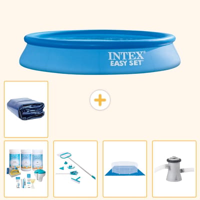 Intex Rond Opblaasbaar Easy Set Zwembad - 305 x 61 cm - Blauw - Inclusief Onderhoudspakket - Schoonmaakset - Grondzeil - Zwembadfilterpomp - Solarzeil - 6-delig