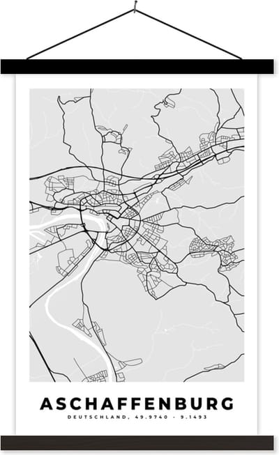 Posterhanger incl. Poster 40x60 cm - Schoolplaat - Duitsland - Stadskaart - Plattegrond - Kaart - Afschaffenburg - Textielposter - Zwarte latten - Stadskaart