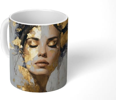 Mok - Koffiemok - Sierlijk - Vrouw - Goud - Ogen - Mokken - 350 ML - Beker - Koffiemokken - Theemok
