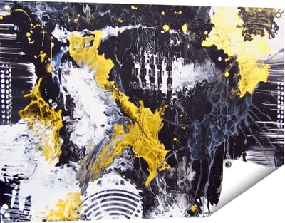 Gards Tuinposter Abstracte Kunst met Zwart, Wit en Goud - 90x60 cm - Tuindoek - Tuindecoratie - Wanddecoratie buiten - Tuinschilderij