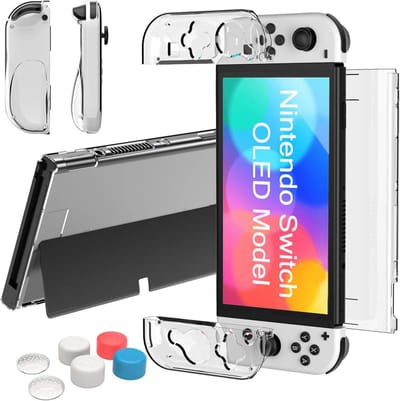 SnelShoppen - Dockable Case voor Nintendo Switch OLED 2021, Transparante Soft TPU Hoes met Hard PC Beschermcover en 6 Stuks Siliconen Thumb Grips, Dra