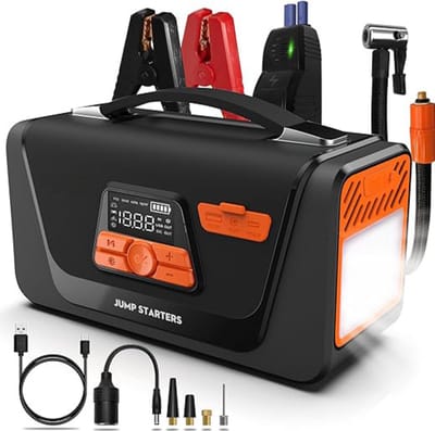 MKSS® Jumpstarter met Compressor - Startkabels - Starthulp voor Auto - Accubooster - Pechhulp met Lamp - Zwart en Oranje